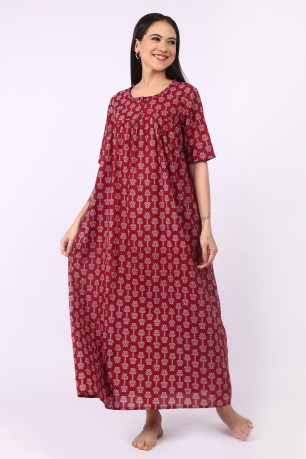Maroon Printed Cotton Nighty for Women – Comfortable Maxi Night Dress
