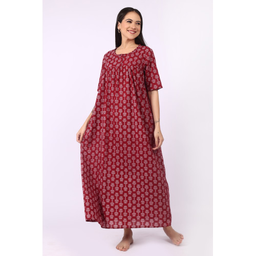 Maroon Printed Cotton Nighty for Women – Comfortable Maxi Night Dress