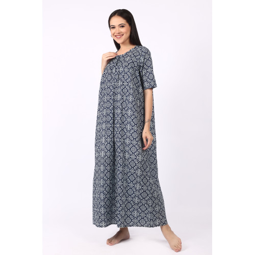 Navy Blue Printed Cotton Nighty for Women – Comfortable Maxi Night Dress