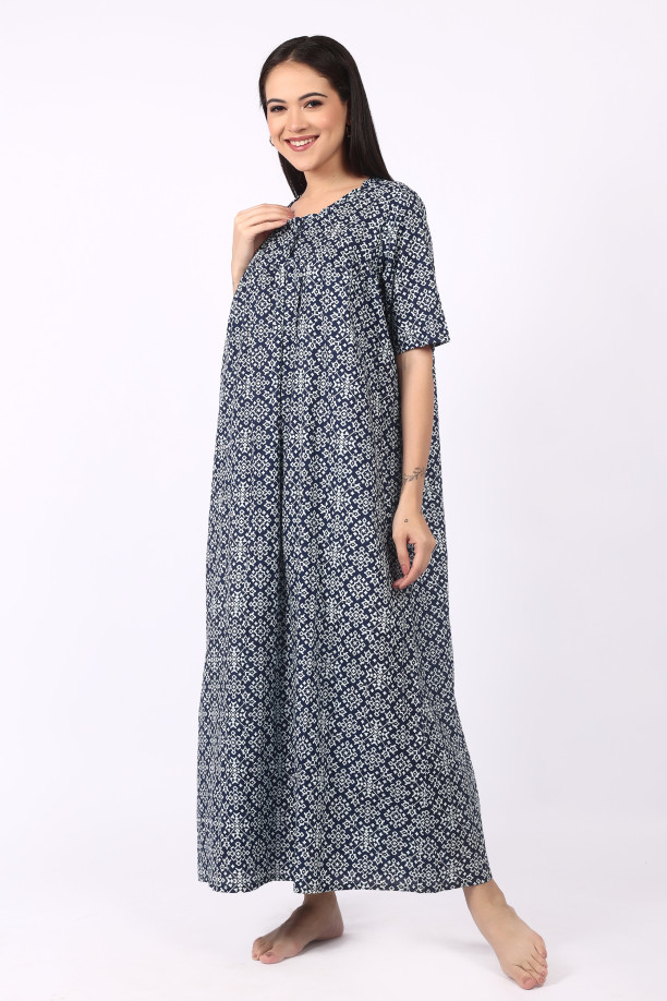 Navy Blue Printed Cotton Nighty for Women – Comfortable Maxi Night Dress