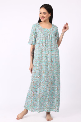 Light Blue Printed Cotton Nighty for Women – Comfortable Maxi Night Dress