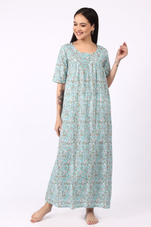 Light Blue Printed Cotton Nighty for Women – Comfortable Maxi Night Dress