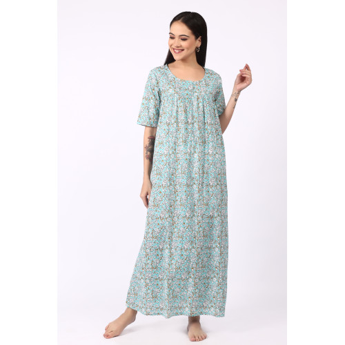 Light Blue Printed Cotton Nighty for Women – Comfortable Maxi Night Dress