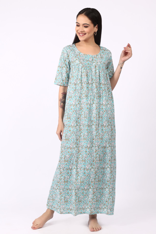 Light Blue Printed Cotton Nighty for Women – Comfortable Maxi Night Dress